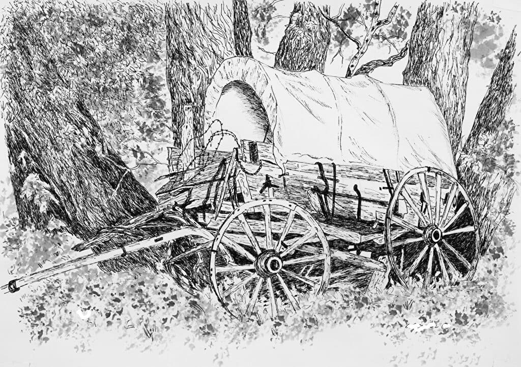 Covered Wagon — Ink painting by Judy Sprague