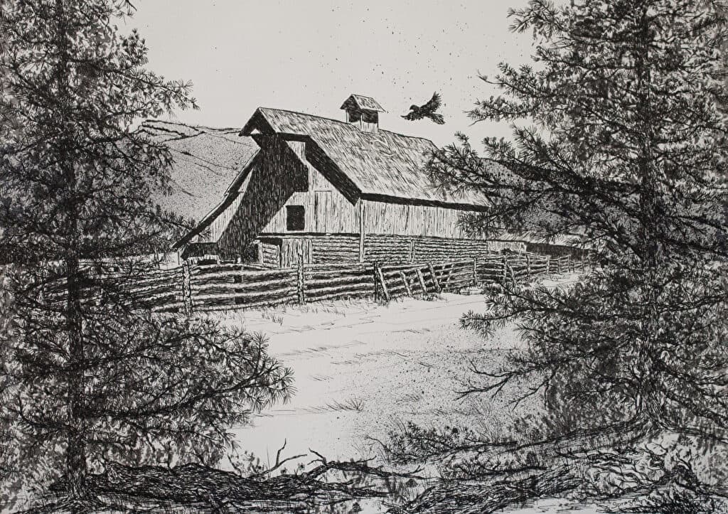 High Country Barn — Ink painting by Judy Sprague