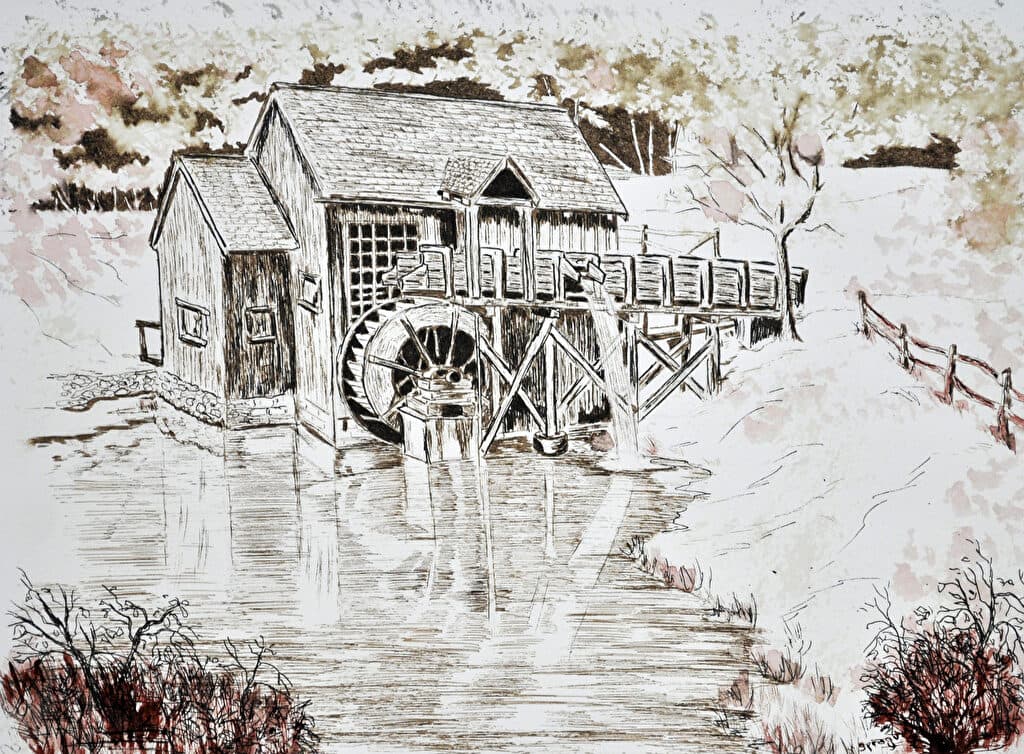 Mabry Mill Virginia — Ink painting by Judy Sprague