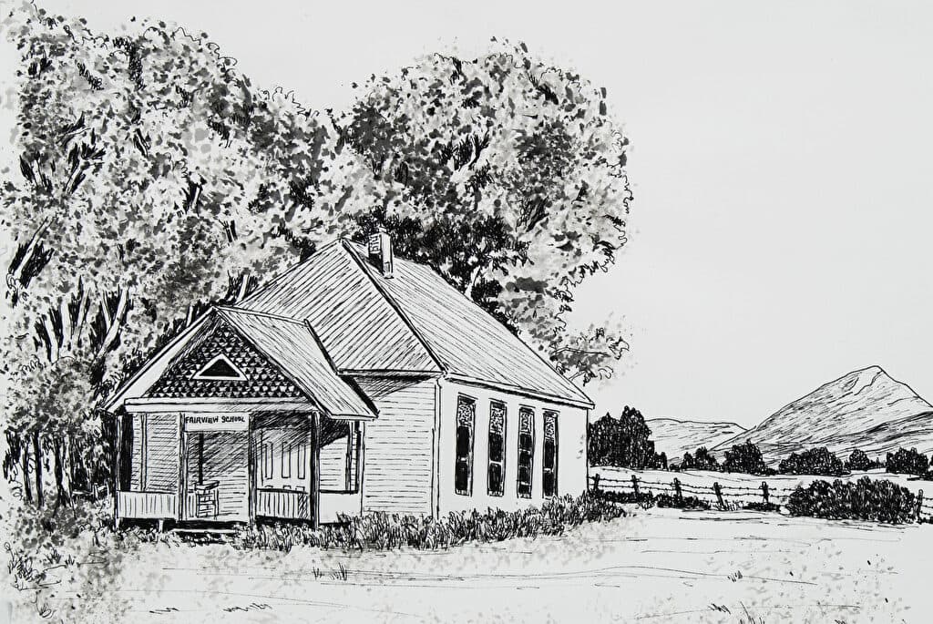 Old Fairview Schoolhouse — Ink painting by Judy Sprague