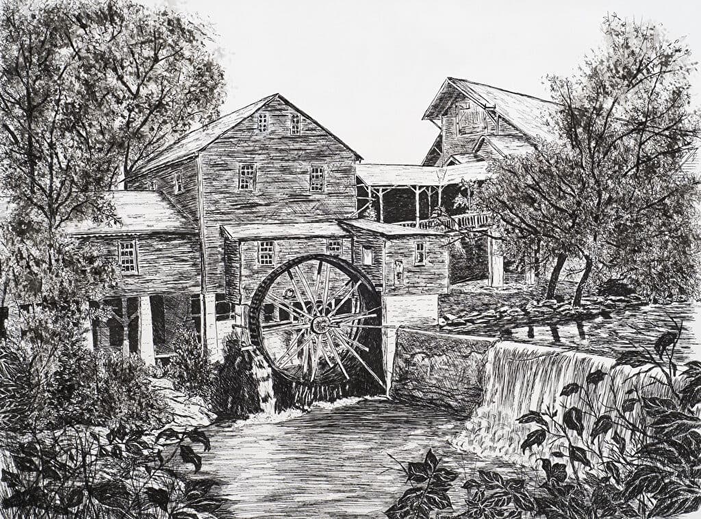 Old Mill Pigeon Forge — Ink painting by Judy Sprague