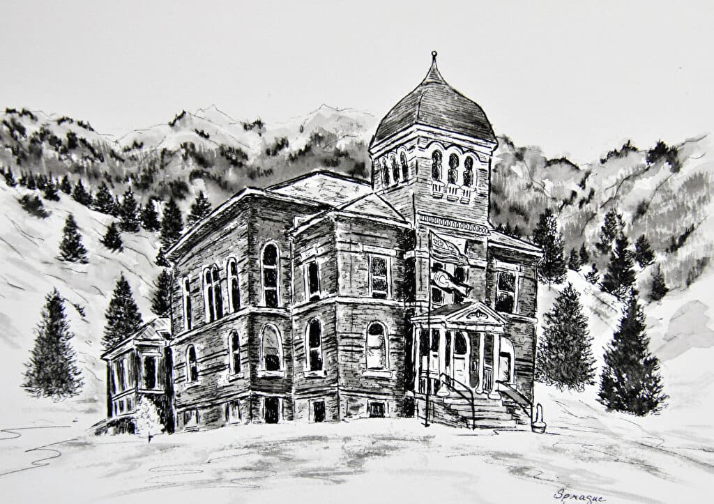 Ouray County Courthouse — Ink painting by Judy Sprague